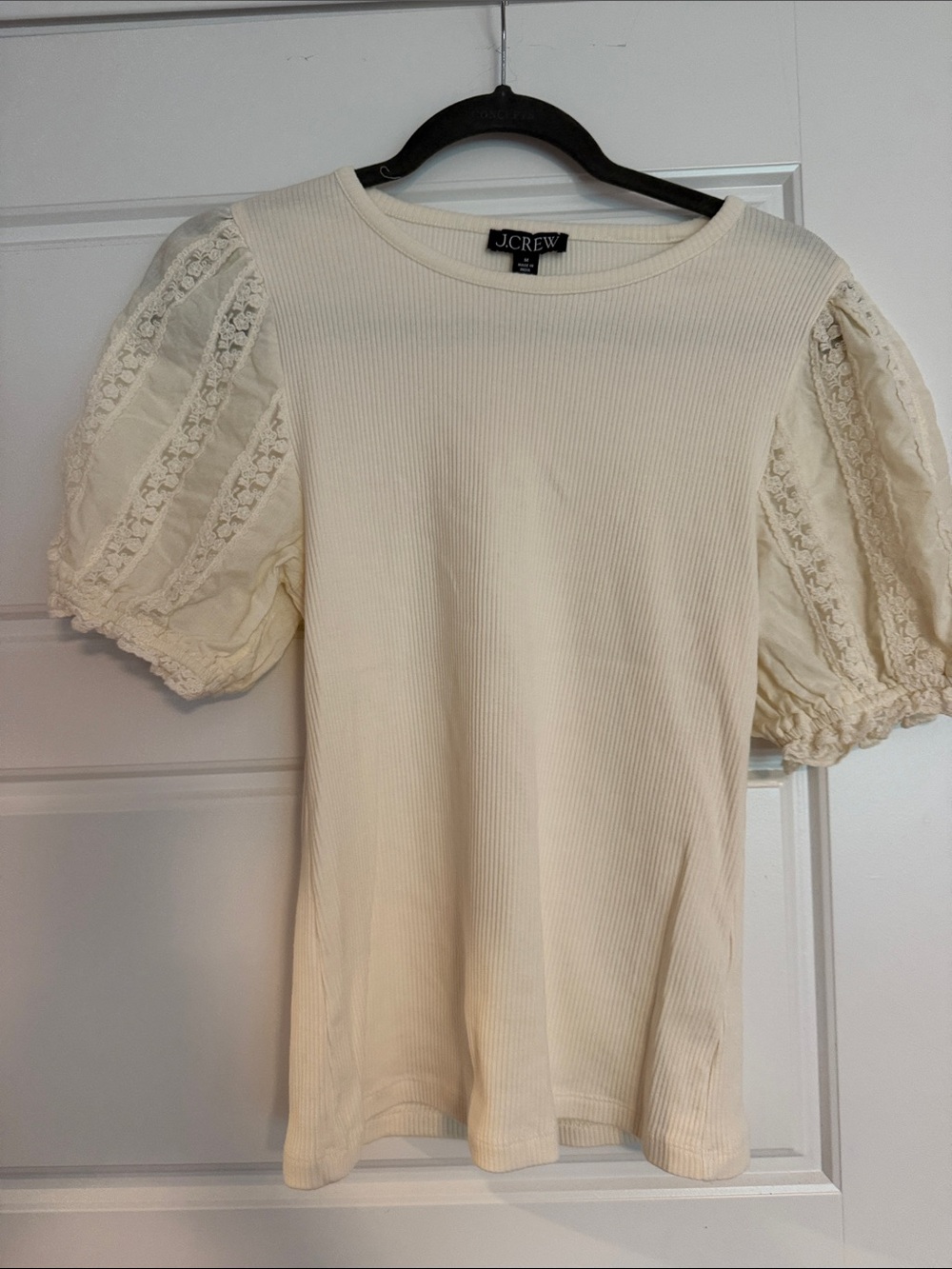 J. Crew Cream Ribbed Top with Lace Puff Sleeves
